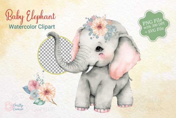 Baby Elephant with Flowers Clipart: Graphics & Illustrations for Local Branding