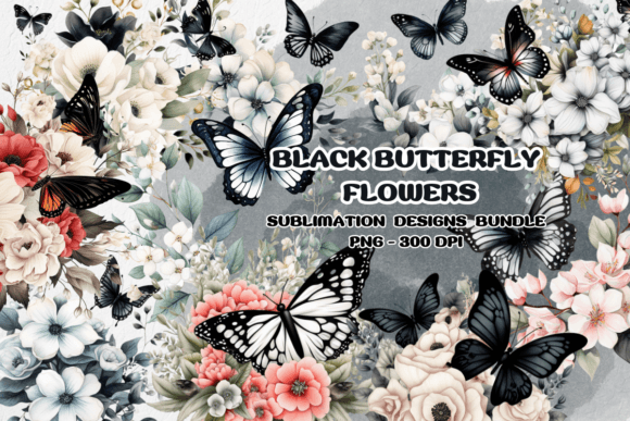 Black Butterfly Flowers Watercolor PNG Graphics