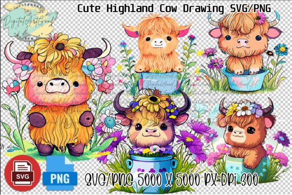 Cute Highland Cow Colorful Flowers SVG Graphics