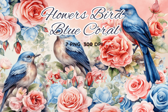 Flowers Bird Blue Coral Watercolor Graphics