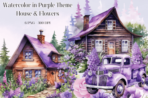Flowers House in Purple Watercolor Theme Graphics