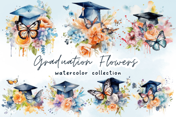 Graduation Flowers Watercolor Clipart: Graphics for Creative Selling