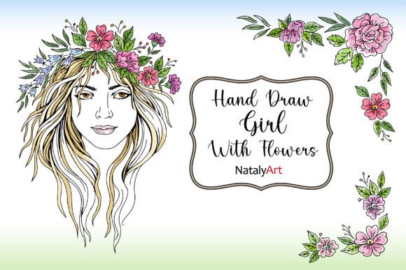 Hand Draw Girl with Flowers Graphics and Illustrations