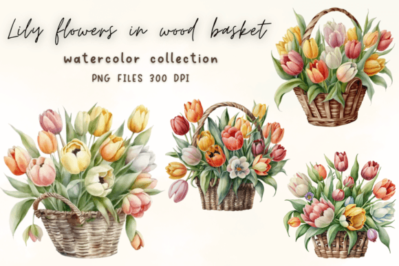 Lily Flowers in Wood Basket Watercolor Graphics