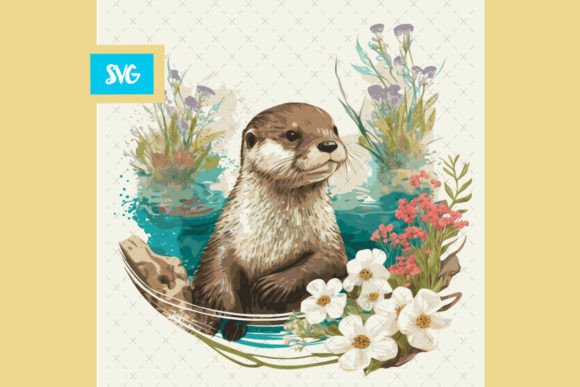 Otter in Water with Flowers Graphics and Illustrations