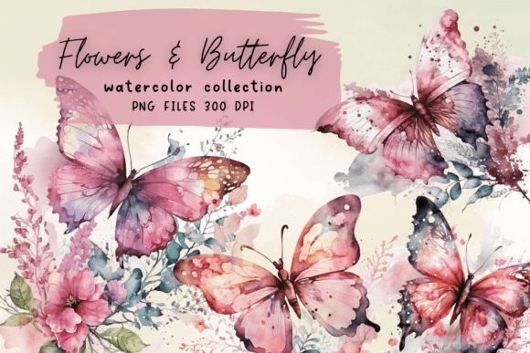 Pink Watercolor Flowers Butterfly