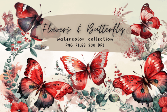Red Watercolor Flowers Butterfly Graphics and Illustrations