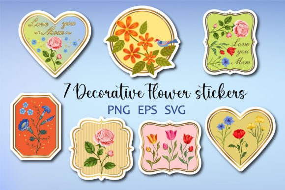 Set of 7 Stickers with Flowers: Graphics for Editorial Design