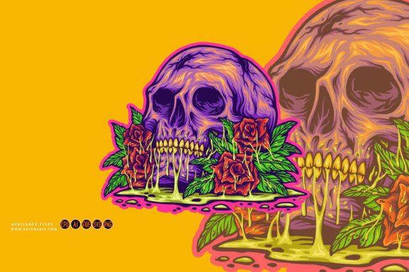 Skull Head Botanical Roses Illustrations Graphics