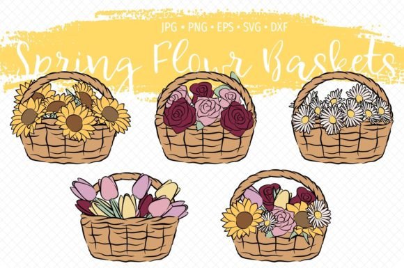 Spring Flowers Baskets Illustrations