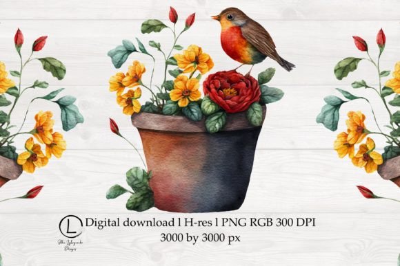 Spring Watercolor Robin Bird in Flowers: Graphics & Illustrations