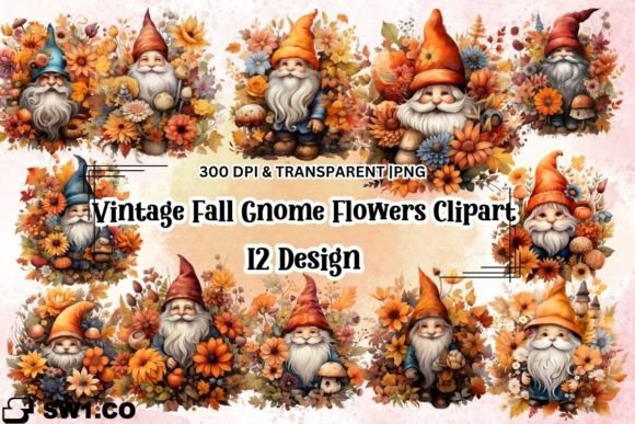 Vintage Fall Gnome Flowers Clipart