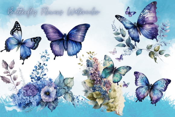 Watercolor Butterfly Purple Flowers Graphics