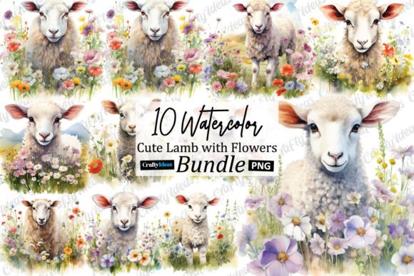 Watercolor Cute Lamb with Flowers Clipart