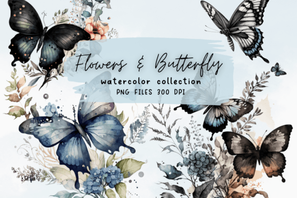Watercolor Flowers Black Butterfly Graphics
