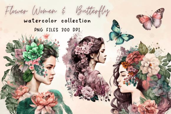 Watercolor Flowers Women Butterfly Graphics