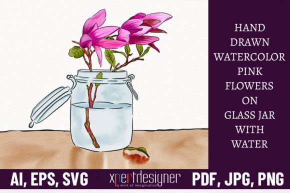 Watercolor Pink Flowers on Glass Jar