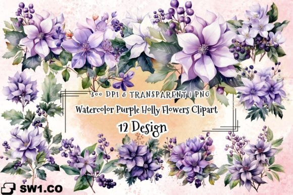 Watercolor Purple Holly Flowers Clipart