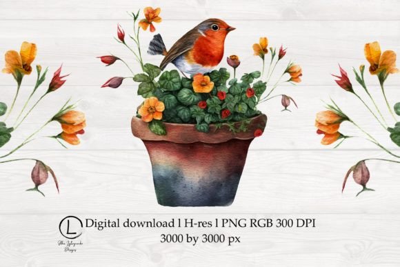 Watercolor Robin Bird in Spring Flowers